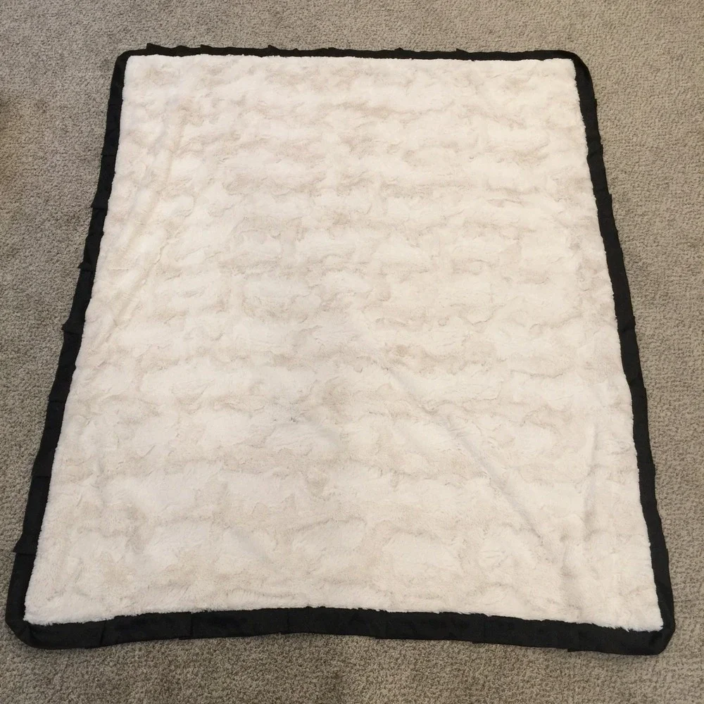 Minky Couture Blanket Adult 50x60 White Pink Peony Floral‎ Black Satin Trim
